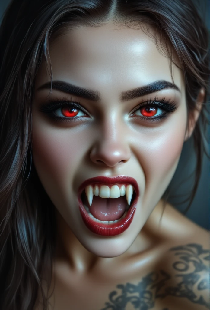 a vampire woman, with tattoos, shows her long fangs in a bewitching smile, sensual pose, seductive appearance, fantasy art, inspired by Luis Royo, beautiful vampire, tattooed body, highly detailed 8k, bright light, 