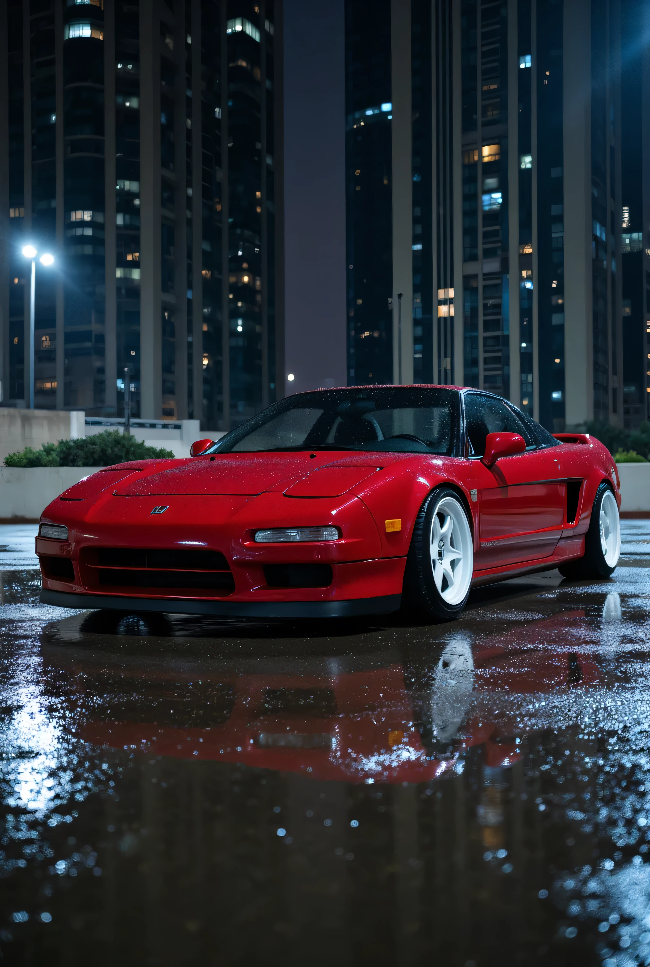 red 1992 Honda NSX NA1 with white Volk Rays TE37 wheels. in a parking lot, skyscrapers in the background, after rain, night. 