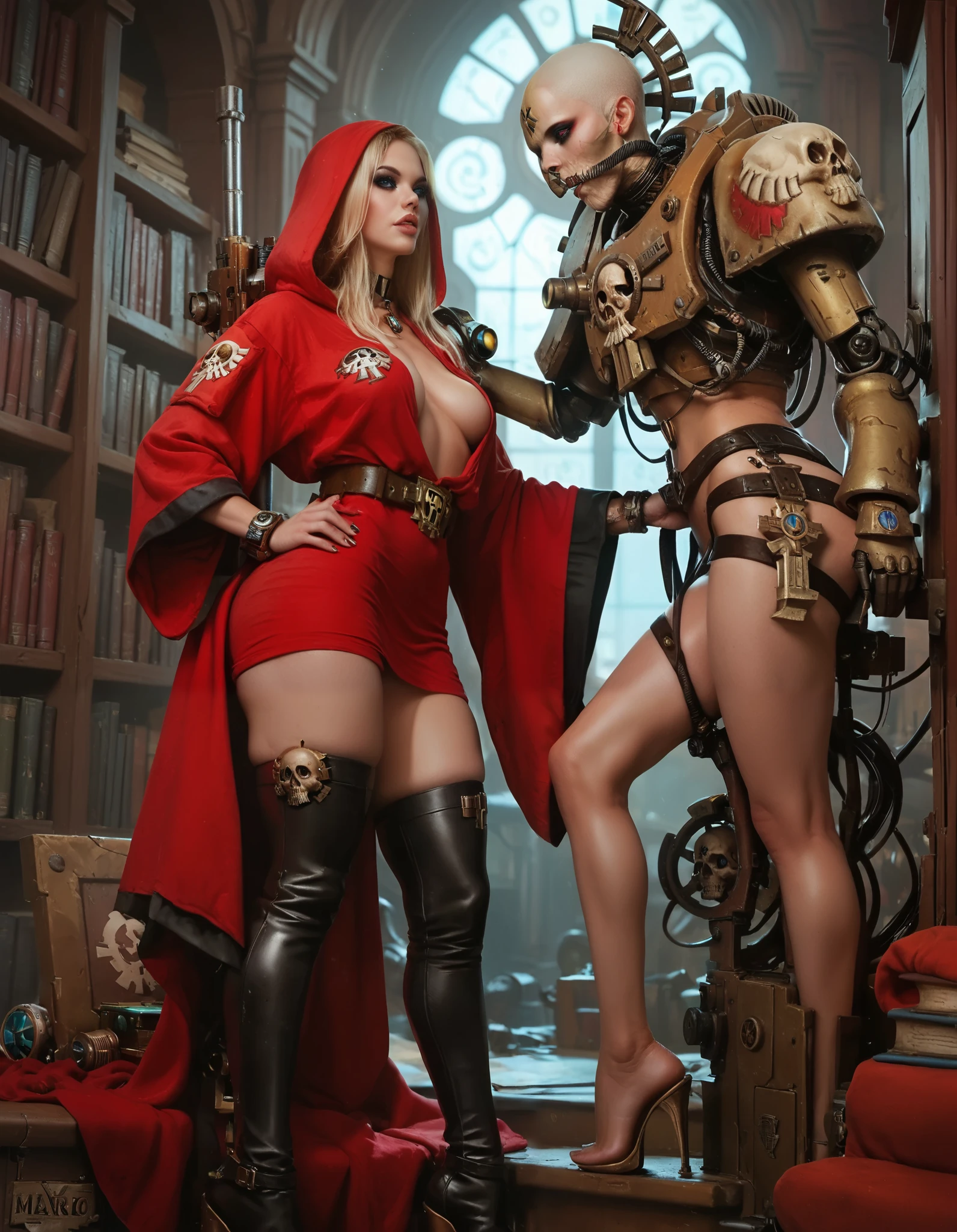 warhammer 40k, library, servo-skull, female tech priest, blond, makeup, red hooded robe, wide belt, (thigh high pumped stripper stiletto boots), looking for books