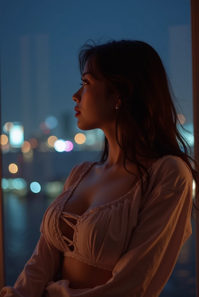 (32K:1.9, Highest quality, masterpiece, Ultra-high resolution), Professional camera work:1.6, Very detailedな肌と顔の質感:1.3, attractive肖像画:1.3, Very accurate, Very detailed, 1 adult Japanese female, ((Amazing night view from the rooftop, The moonlight at night illuminates my body)), (Satinlet Nightgown:0.5), Incredibly slim body, Fair skin, elegant, Expressions of sadness, (Big eyes that exude beautiful eroticism:0.8, Sad expression:1.0, I love you with all my heart:0.8, Open your mouth a little, lipstick, Feel the beautiful eroticism:0.8), (Wet dark brown medium length hair), Candles, Mid-chest, Earrings, necklace, bracelet, Sensual sitting position, (romantic, dramatic, mysterious), Object of admiration, format, artistic, Innovative, attractive, Stimulate the, Extreme, Tilt, ((Adult charm, Feminine charm, Hair blowing in the wind))