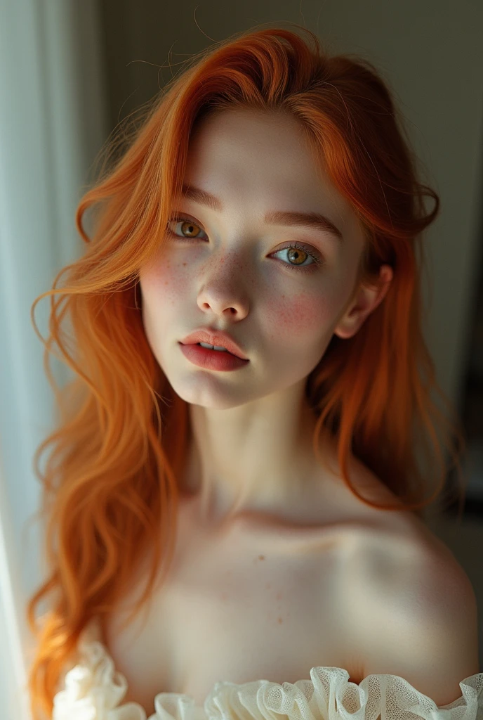 One with light red hair, with darker reflections that contrast with the skin. The greenish eyes, with an intense shine that varies between light green and grayish blue, depending on the light. The pinkish white skin, with freckles that spread across her face and shoulders, as if they were drops of sun. with a penetrating gaze. And clothes you prefer light and flowing clothes, like white linen or pastel shades