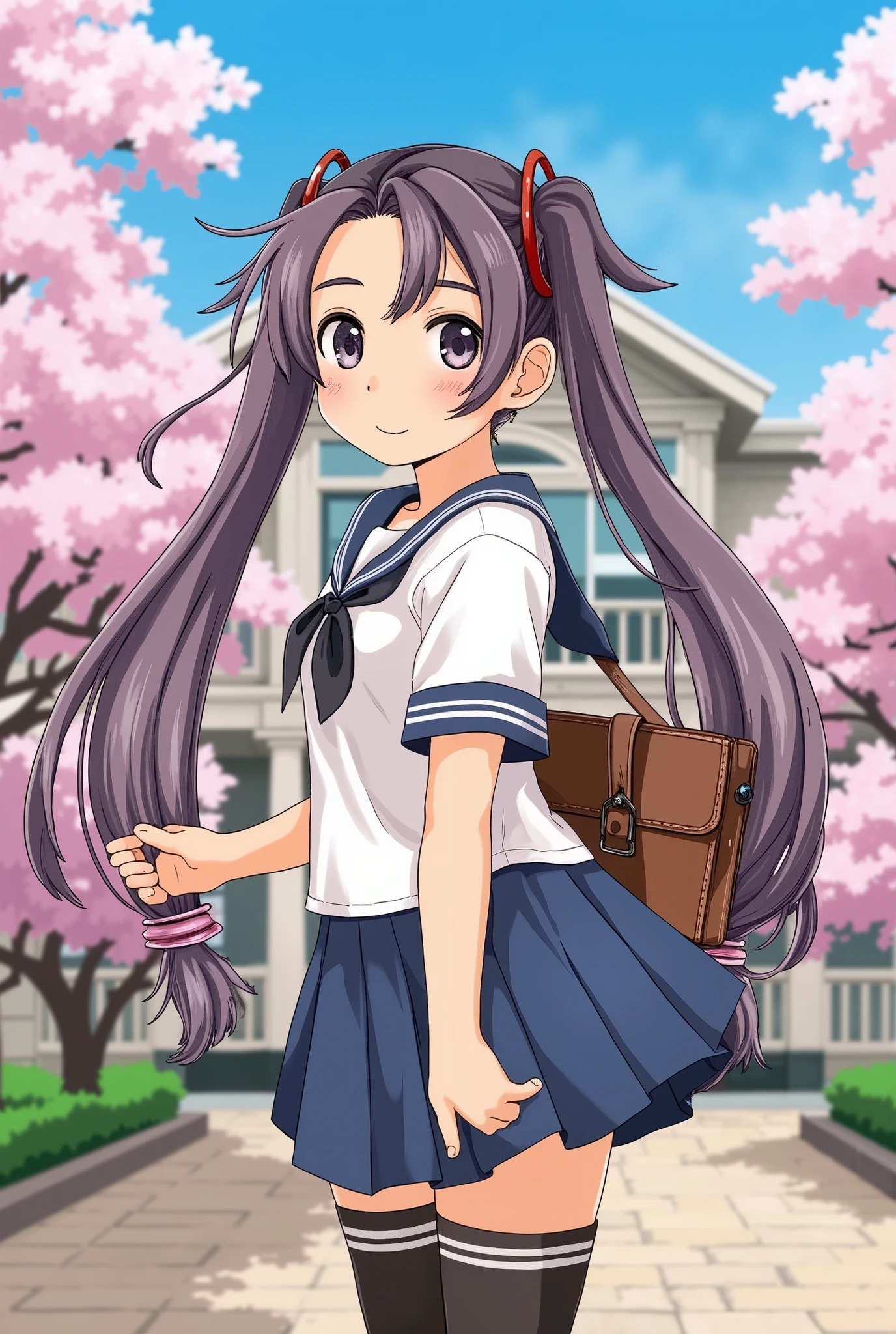 (masterpiece、 top quality 、 top quality 、 Official Art 、 beautiful and beautiful :1.2)、( One Girl :1.3) Hatsune Miku 、 twin tails, Beautiful breasts, cute girl、 a classic anime style teen Illustration image of a high school girl. The girl is of South Asian descent , she wears a traditional sailor suit , she wears a pleated skirt and blouse with a bow tie . has a book bag on her shoulder , face has a gentle expression , and her big , Her bright eyes 、 reflects her cheerful and smart personality . In the background、Under the clear blue sky、 depicts a quiet educational institution with cherry blossoms blooming in the courtyard .