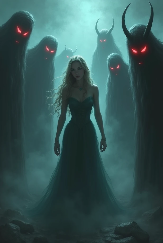 Create a cover for a book, that shows a dark room, and a young woman with Asian features, beautiful and mesmerizing look, White hair, White skin, bright light blue eyes, Duchess&#39;s attire, In the environment surrounding the girl there are many black shadows with glowing red eyes trying to catch the girl
