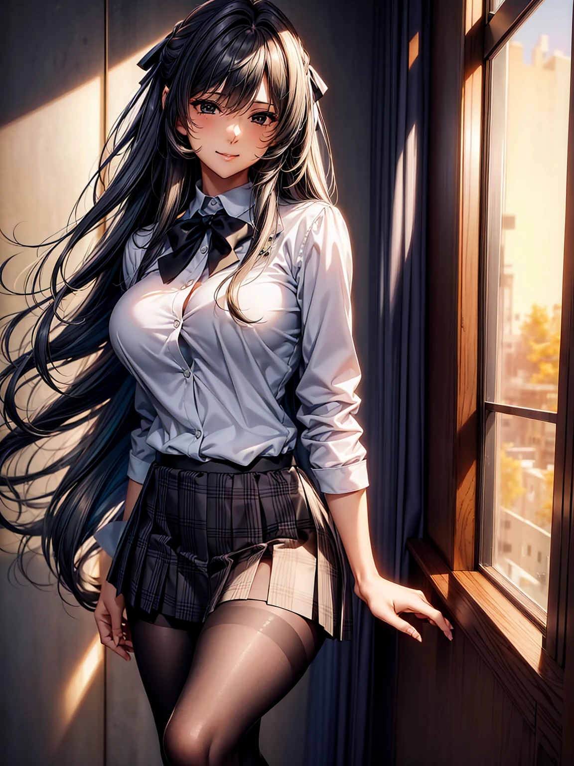 (table top: 1.3), (maximum resolution: 1.2), (Ultra HDTV: 1.2), cinematic light, Ultra HDTV, (fine eyes and skin), (detailed facial features), nffsw, 8K resolution, sharp focus: 1.2, perfect style, beautiful face, acura, anatomically correct, Highly detailed face and skin texture, fine eyes, brown eyes、double eyelid, thin eyebrows, glitter eyeliner: 1.2, natural cheeks, Glossy skin, Fair skin: 1.2, small shiny necklace and earrings, (glossy lips: 1.4),
one person's perspective, Wearing a short white shirt with buttons, pleated skirt, knee high stockings、 (gentle smile:1.2), (blush), innocent and cute girl, (high ponytail, wavy hair, dark brown hair, bangs flowing diagonally), medium long hair,
break
(cowboy shot: 1.2), ((from below:1.3)), (focus on legs), ((very close relationship: 1.2)), (big breasts:1.1), ((Stand in a seductive pose with your chest sticking out:1.3)),
break
(((in the classroom at night:1.2)), (Looking down on the viewer:1.2)),