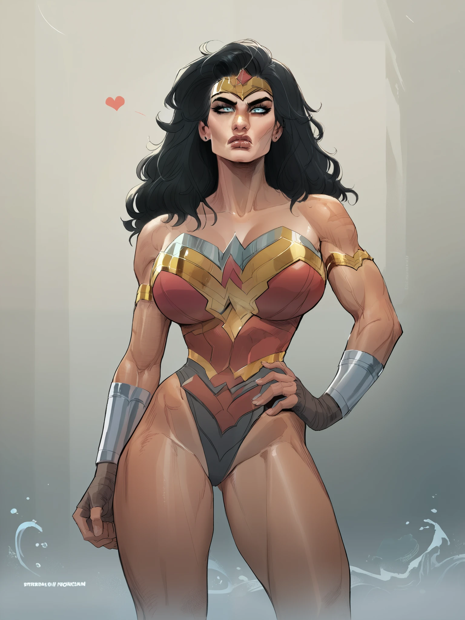 score_9, score_8_up, score_7_up, (1girl, solo, 1girl, solo, Wonder Woman, superhero, bimbo, voluptuous, Appearance("Statuesque and commanding, tanned sun-kissed skin"), Face Appearance("High cheekbones, piercing blue eyes,full lips, face conveys wisdom and strength, framed by cascading waves of inky black hair"),Hair Style("Long, voluminous black hair, soft waves, braided or tied back"),Body("Athletically toned, slender waist, flares into curvaceous hips, muscular arms and legs, body is adorned with subtle scars"), Chest Appearance("Large, Ample and firm"), AssAppearance("Rounded and firm"), ruined city, perfect hands, front view, close up, annoyed expression, portrait, hand on hip score_9, score_8_up, score_7_up, score_6_up, source_cartoon, rating_safe,