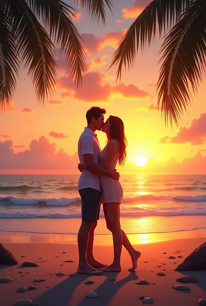A couple on a beach, lying in the sand while kissing