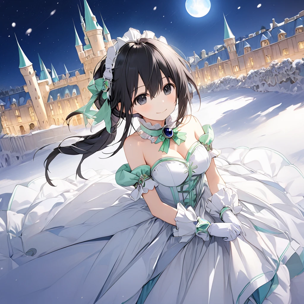 ( 1 girl), Green \(Neptunia )\, black hair, black eyes,(smile:1.5)、blush、(low ponytail:1.5), (long sidelocks:1.5), ,( small tits:1.5)bare shoulders, cleavage, dress, detached collar, frilled gloves, knee boots, bow, white footwear, brooch, armlet,,gloves,snow,night、moon、European castle promenade、front、(whole body:1.5)、( perfect anatomy ),( best quality), ( ultra hi-res), (超 high definition ), ( Highly Detailed CG), (32K), (masterpiece)、eyesHD