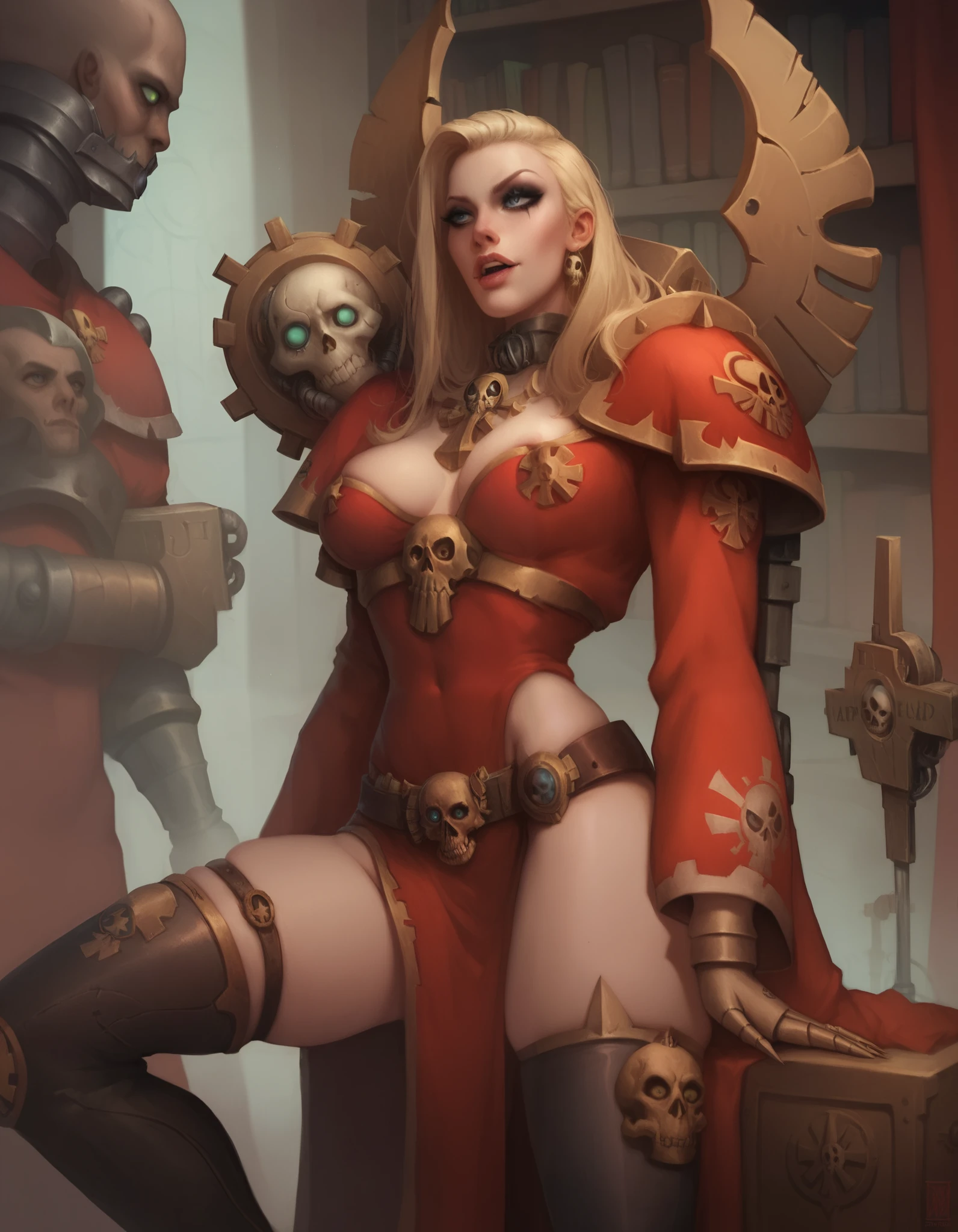 warhammer 40k, library, servo-skull, female tech priest, blond, makeup, red robes, wide belt, (thigh high pumped stripper stiletto boots), looking for books