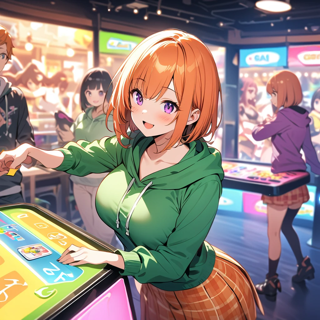  One Girl 、 green hooded hoodie、 one curl bob cut,  top quality 、Orange Hair、 purple eyes、smile、Big Breasts、 Game Center,  orange check skirt, DANCE GAME ,