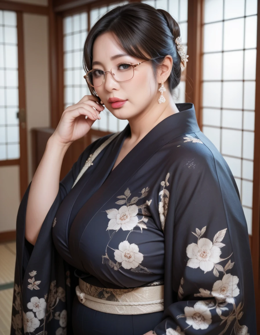 Mature Woman,Japanese,Chubby body,Thick lips,Wearing glasses,Super huge breasts,Wear an all-black kimono,Indoor setting,funeral,Highest quality,Best quality,Anatomically correct,Realistic results