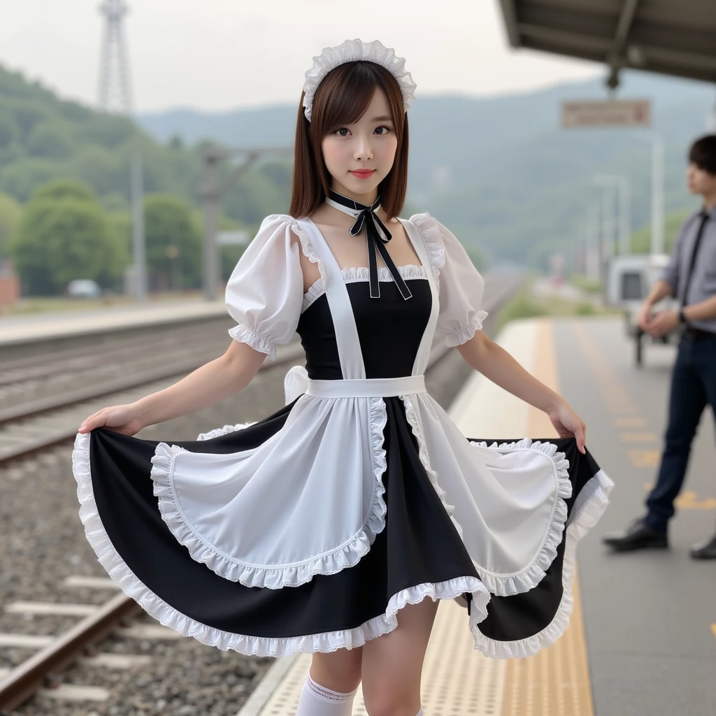 anna_girl, (((background is The platform of the station where the train is parked))):1.3, (Headdress, white blouse, Black Ribbon, white apron, frill skirt, puff sleeve,  color, choker, fine ruffle apron 1.3), White Knee High Socks, Black maid outfit that sticks to your chest when wet, break, (her skirt is flipped up by wind), (her skirt was turned up by wind), (sexy white panties visible), (style turned upside down and her butt was exposed), break, (from below), (show me your butt), (big butt), (Beautiful thighs), (look back)