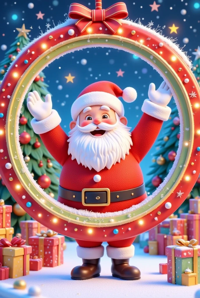 A Santa Claus breaking through a circle, smiling with his hands outstretched, With a gift in his hand,in a cartoon style with bright colors and a Christmas background. There are some Christmas boxes around,High resolution, no text in the center of the circle, 3D rendering, high quality, high detail, high definition, high sharpness, high focus, high-octane rendering, hyper-realistic, hyper-detailed, hyper-realistic.