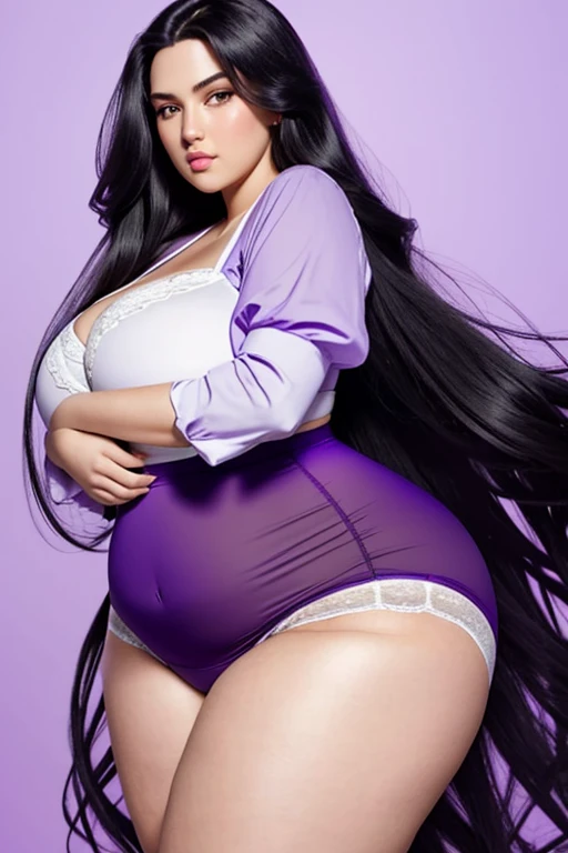  big beautiful woman,  Rapunzel long black hair ,plus size girls,  big beautiful woman, thick,  Wide Hips,((  white and purple high-waisted panties)), fresh dominant color, blue lighting ((#Cor da pele FEE3D4) (microfiber underwear ) 