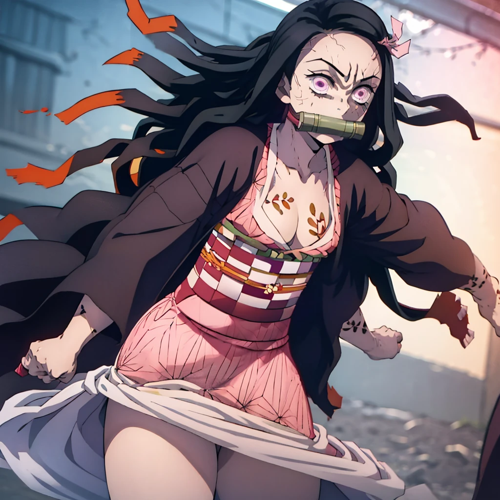 masterpiece,  top quality , 8k,  super high res,  top quality , Anime Style, Best writing, Facial beauty, masterpiece, ( pink kimono),  attractive face ,  good lighting , Low Cut,  Details, masterpiece, 輝く瞳,  1 girl,  black hair, gag, bamboo, Kamado Nezuko,  beautiful background, masterpiece,  top quality , throw,  cowboy shooting, Dance happily