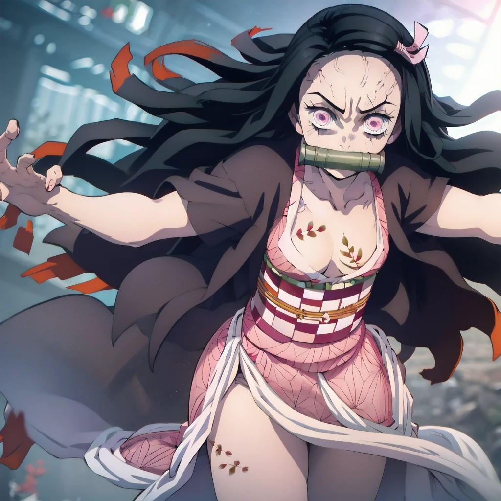 masterpiece,  top quality , 8k,  super high res,  top quality , Anime Style, Best writing, Facial beauty, masterpiece, ( pink kimono),  attractive face ,  good lighting , Low Cut,  Details, masterpiece, 輝く瞳,  1 girl,  black hair, gag, bamboo, Kamado Nezuko,  beautiful background, masterpiece,  top quality , throw,  cowboy shooting, Dance happily