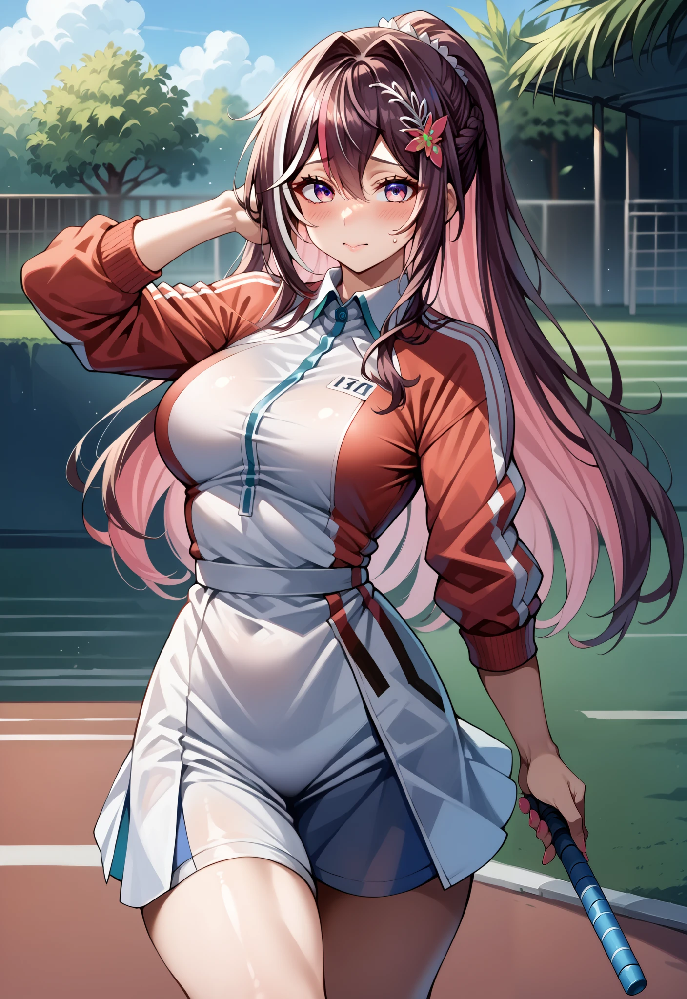 score_9, score_8_up, score_7_up, source_anime,4K,perfect fingers,(perfect hands, perfect anatomy),
1girl,Azki, multicolored hair, long hair, french braid, hair ornament, large breast,
wearing ((HotTraining, tennis outfit)),
tennis court, standing, front, looking at the viewer, flushed cheeks,