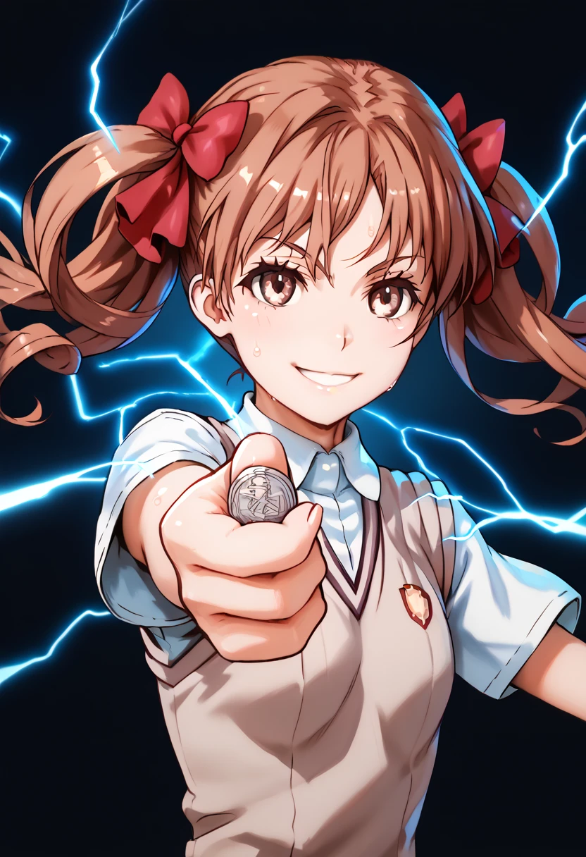 kuroko shirai, brown hair, long hair, parted bangs, brown eyes, ringlets, twintails, hair bow, bow, red bow,,tokiwadai school uniform,sweater vest,school uniform, upper body,shirt,flower,score_9, score_8_up, score_7_up, perfect hands, perfect finger,perfect anatomy, masterpiece, best quality,realistic, hyperrealistic, 16k hdr,1 mature female,black background,sweat,(coin, holding coin, facing viewer, looking at the viewer, electricity, electrokinesis),(happy smile:1.5),(strong wind:1.3),(tilt head:1.2),(aura:1.2)