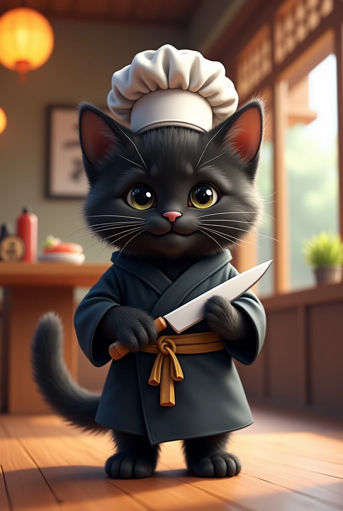  with a black kitten dressed as a sushi chef standing facing the front, cute, Standing Upright on Two Legs ,smile,whole body,Alone, real,The background is a sushi restaurant 