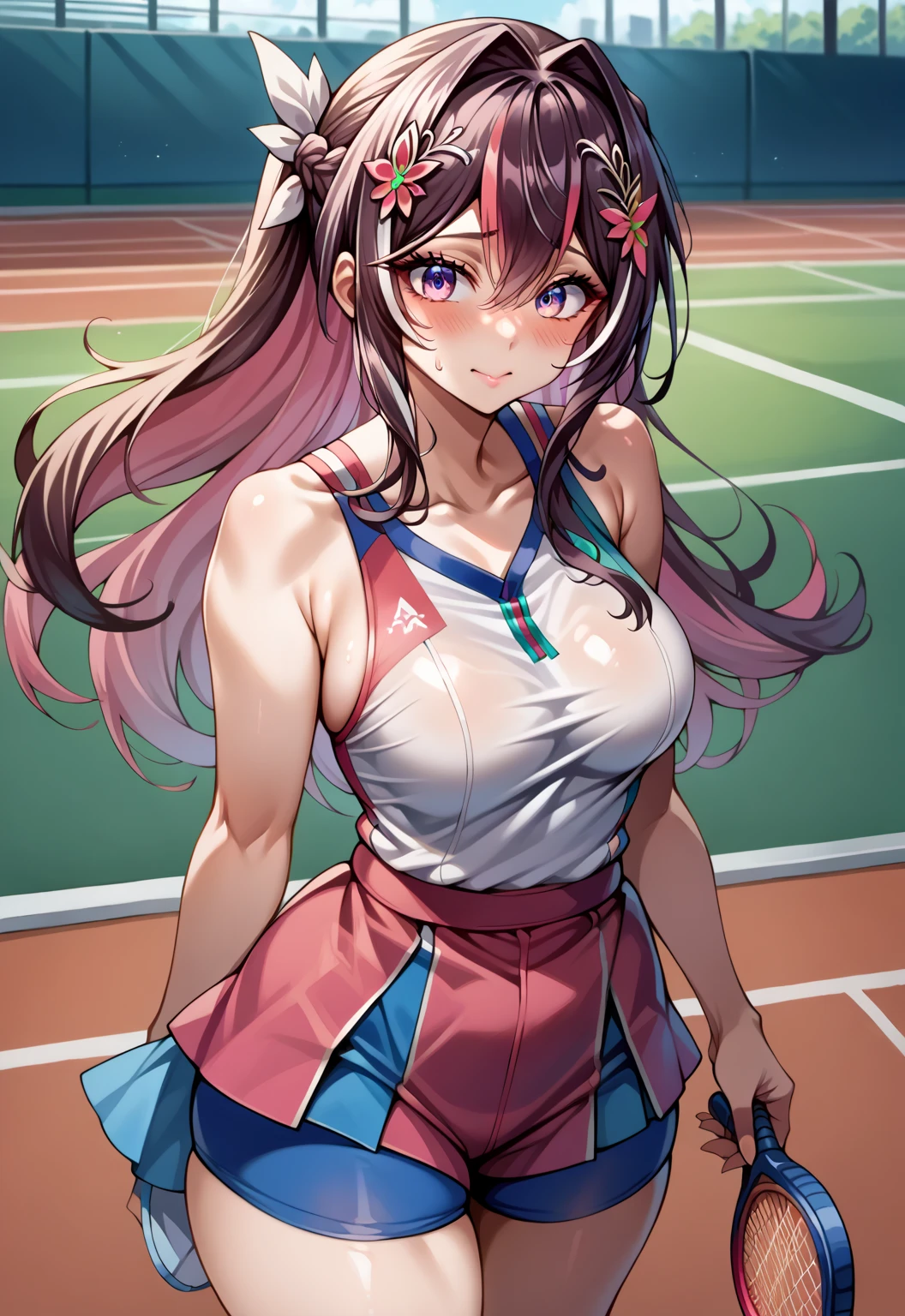 score_9, score_8_up, score_7_up, source_anime,4K,perfect fingers,(perfect hands, perfect anatomy),
1girl,Azki, multicolored hair, long hair, french braid, hair ornament, large breast,
wearing ((HotTraining, tennis outfit)), without tennis racket,
tennis court, standing, front, looking at the viewer, flushed cheeks,