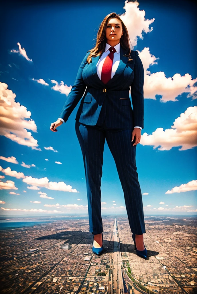 Looking up at the approaching young giantess, Giantess art, 500 miles tall giga giantess, young sophisticated and stylish woman in a blue pinstriped trouser suit, form fitting crisp black office shirt, and a large wide blue necktie in a windsor knot, with a beautiful, curvaceous figure, large natural breasts, and long wavey blonde hair, with a curvaceous figure and massive breasts. wearing blue rounded court high heels with uncovered feet and standing, rampage-like pose, with a city skyscrapers background of mega-city, skyscapers, partially obscured by a hazy, cloudy atmosphere. The image is a high-resolution, masterpiece-quality, cinematic, ultra-detailed, and hyper-photorealistic photograph, with perfect hands, face, and lighting. ultra-detailed, 8K, photo-realistic, hyper-realistic, masterpiece, intricate details, full body view. Looking at camera, The image is a high-resolution, masterpiece-quality, cinematic, ultra-detailed, and hyper-photorealistic photograph, with perfect hands, face, and lighting. ultra-detailed, 8K, photo-realistic, hyper-realistic, masterpiece, intricate details,