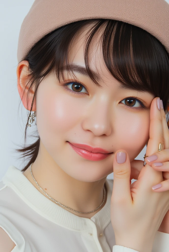  1 girl、Photo Mapping、Physically based rendering、 high image quality、 high definition 、1080P、( beautiful face)、(Detailed description of the face)、( Detailed description of the hand setter&#39;Muscle area)、( CG in detail)、 rich details 、( Stunning Features :1.35)、( detail eyes)、 of cute ladies are looking forward to your eyes、Delicate clavicle、 Various Poses、 A very realistic and detailed upper body portrait of a young woman。The skin is beautiful、 soft light reflecting high on her cheeks .、 Tiny pores and hair follicles、 You can see even the thinnest blood vessels 。The skin is smooth、natural flushing of cheeks 、Healthy glow。 The eyes are large and clear blue、Her iris has fine patterning、 Light is reflecting and shining in the eye。 There is a slight shadow under her eye 、 Her eyelashes are long and naturally curled。 her lips are soft pink 、Smooth texture with a natural glow、 Slightly reflects light。  the woman wears a simple white top  .、 background is pale black and white gradation .、 The focus is entirely on the face and upper body。 Realistic shadows and textures、 picture-like depiction.。
