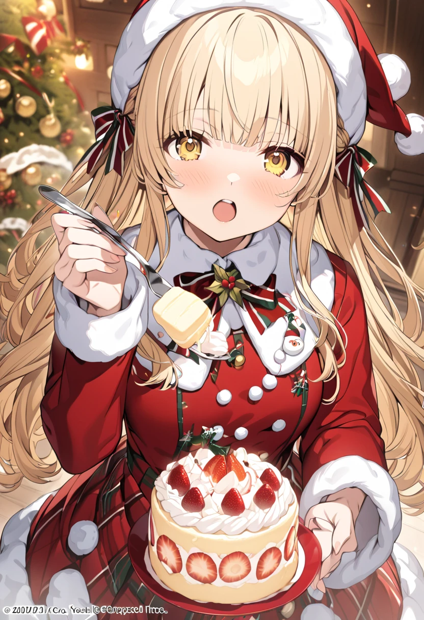 masterpiece, Official Art ,8k, masterpiece, top quality, very detailed, shiina mahiru ,yellow eyes, blonde hair,long hair,Christmas, medium breast,feeding, food, open mouth, incoming food, looking at viewer, holding fork, cake