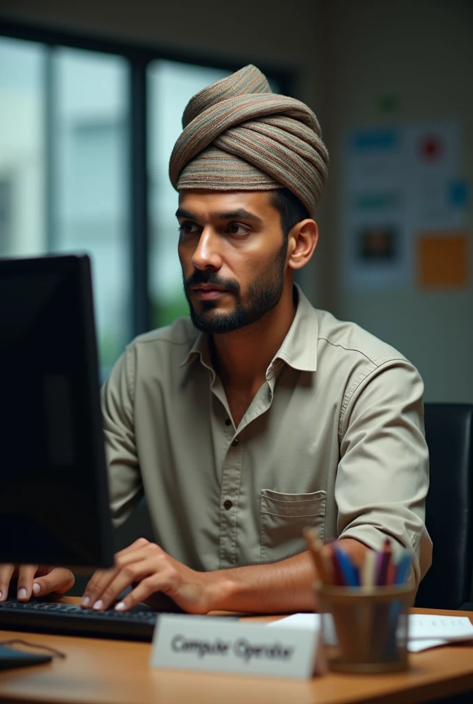 (photorealism:1.2), In the image, the person is sitting thoughtfully with one hand on their chin and the other holding a pen near their mouth. They are wearing a black turban and a green shirt, giving off a contemplative and serious vibe. There is a paper and a phone placed on the table in front of them, suggesting that they might be engaged in deep thinking or studying. The expression on their face is one of concentration, possibly reflecting on something important or pondering a complex issue.