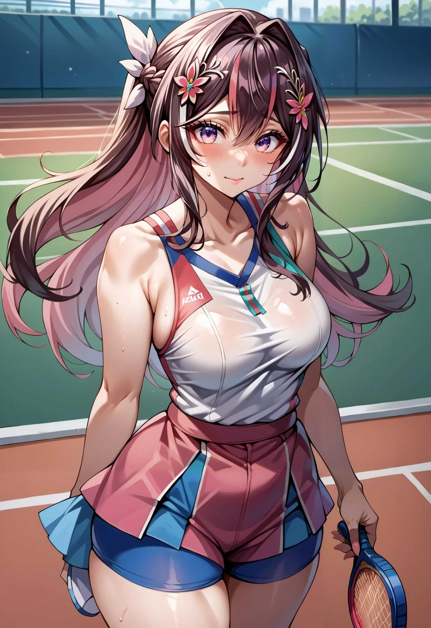 score_9, score_8_up, score_7_up, source_anime,4K,perfect fingers,(perfect hands, perfect anatomy),
1girl,Azki, multicolored hair, long hair, french braid, hair ornament, large breast,
wearing ((HotTraining, tennis outfit)), without tennis racket,
tennis court, standing, front, looking at the viewer, flushed cheeks,