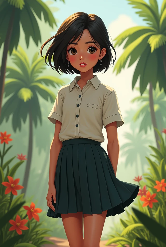 <lora:AnneAmphibia(1.0):0.6> anne, 1girl, short hair, dark-skinned female, leaf on head, grey shirt, skirt, one shoe, single_sock, looking at viewer, smile,