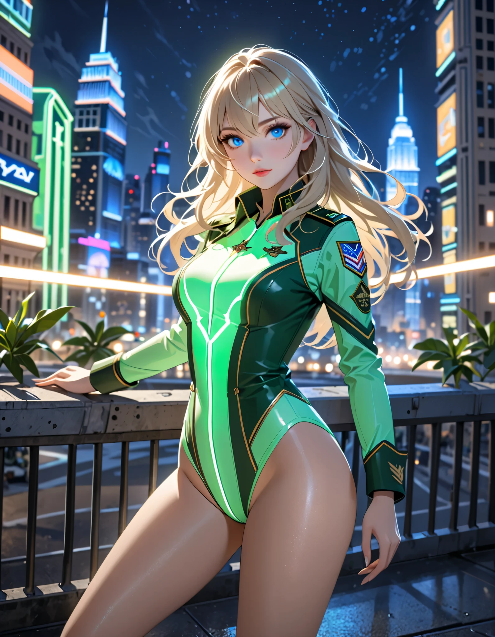 best quality, masterpiece, highres, solo, solo focus, 1lady, semi-realistic, dynamic heroic pose, standing straight, blonde hair, blue eyes, beautiful detailed eyes, beautiful detailed face, (perfect hands), sexy us military officer, dressed in a green and white leotard, perfect fit, city backdrop, neon edge lighting, highly detailed, professional, bare legs, matching boots, ankle-high boots, full body shot, medium hair, hair down, nighttime.