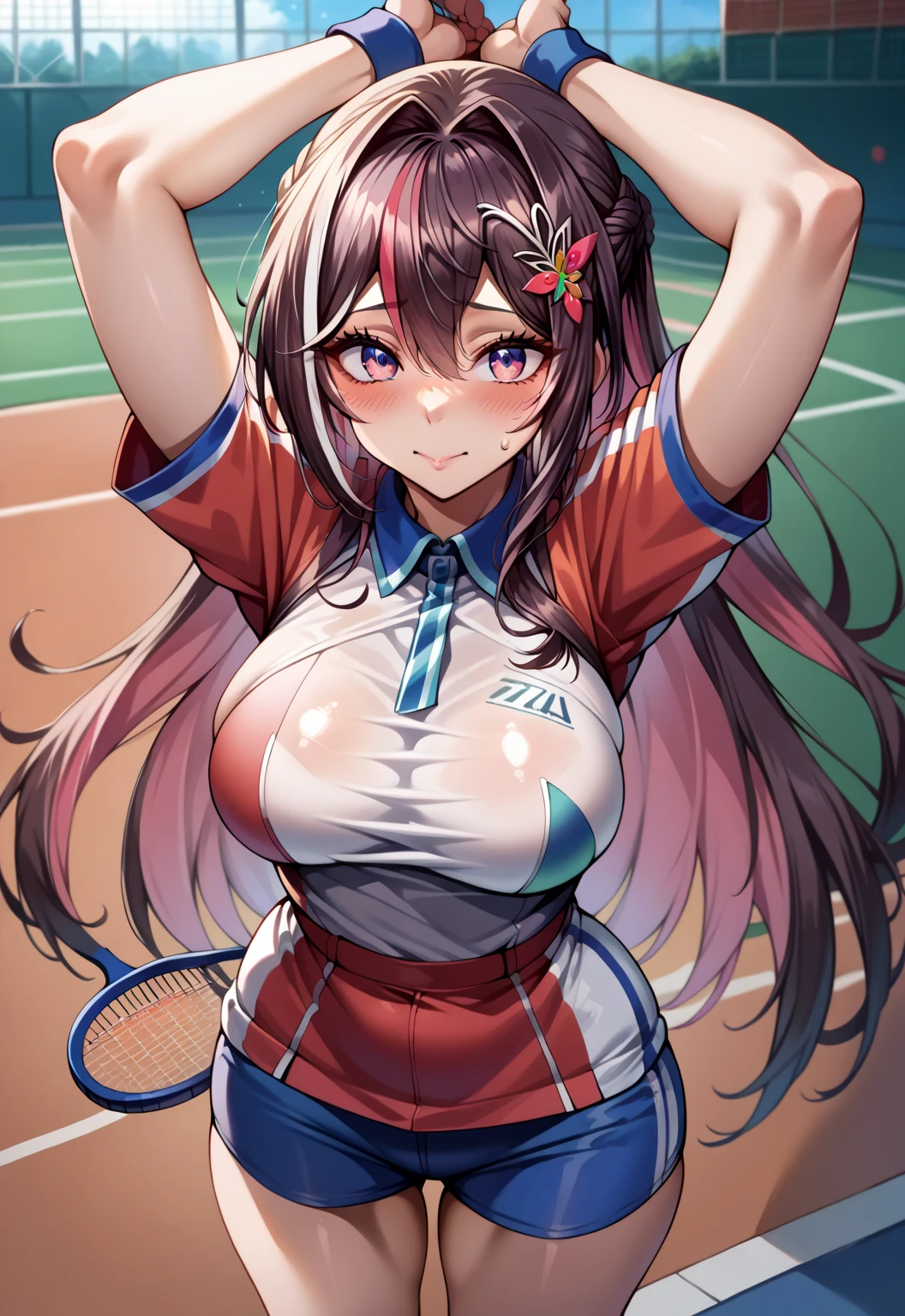 score_9, score_8_up, score_7_up, source_anime,4K,perfect fingers,(perfect hands, perfect anatomy),
1girl,Azki, multicolored hair, long hair, french braid, hair ornament, large breast,
wearing ((HotTraining, tennis outfit)), ((not tennis racket)),
tennis court, standing, front, looking at the viewer, flushed cheeks,arms up,