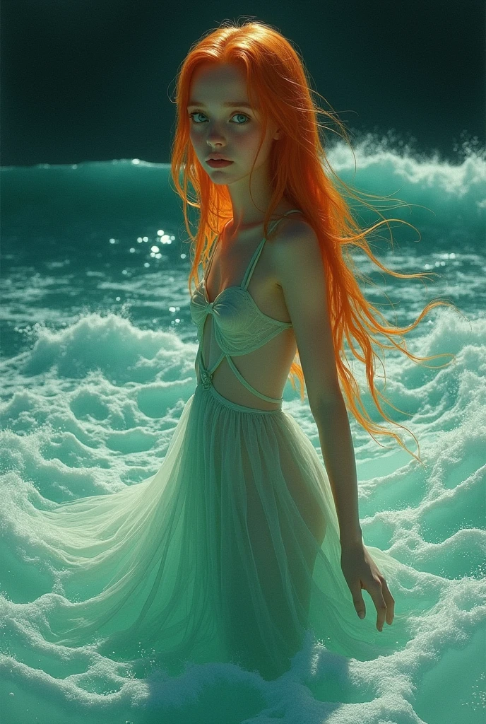 (masterpiece, Highest quality), ((One girl, alone, Long Hair)), Ishmael_edge, Innocent look, Bare arms, Exposing shoulders, Bare neck, watercolor, Sundress, Liquid clothing, water, Wave, water dress, green_theme, night, haze, dark, Sharp focus, Ocean, See-through dress, Orange Hair