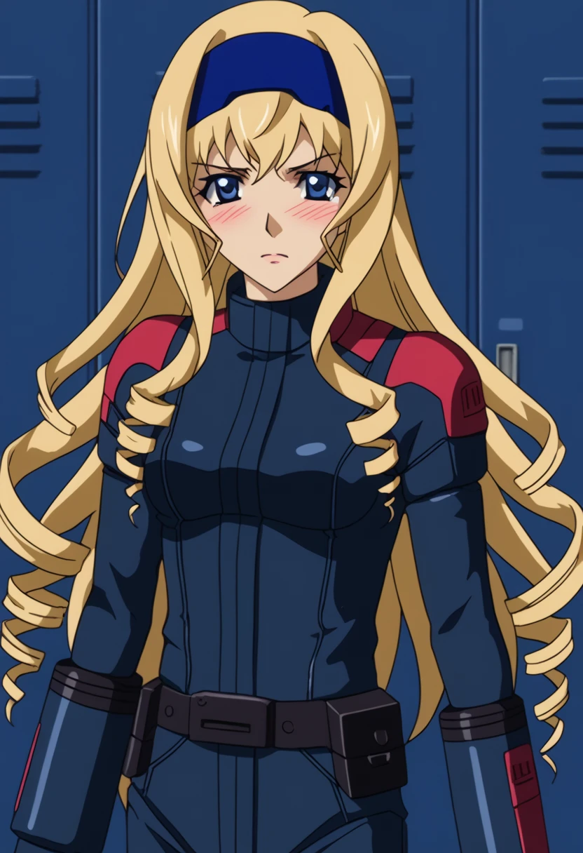 Z Gundam pilot suit, ( black pilot suit for piloting a machine:1.5) 、,score_9、 score_8_ up、 score_7_ up、 Destroys Top Quality 、 Refined details 、  Source Anime  、  1 girl、 Cecilia Alcott、 long hair、 blue eyes、 blond hair、 headband、 drill hair、青い headband、、locker room,salute、serious、blush