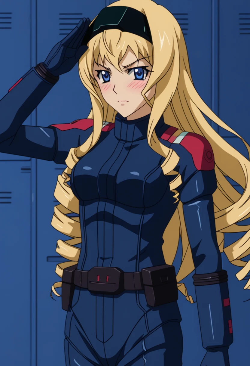 Z Gundam pilot suit, ( black pilot suit for piloting a machine:1.5) 、,score_9、 score_8_ up、 score_7_ up、 Destroys Top Quality 、 Refined details 、  Source Anime  、  1 girl、 Cecilia Alcott、 long hair、 blue eyes、 blond hair、 headband、 drill hair、青い headband、、locker room,salute、serious、blush