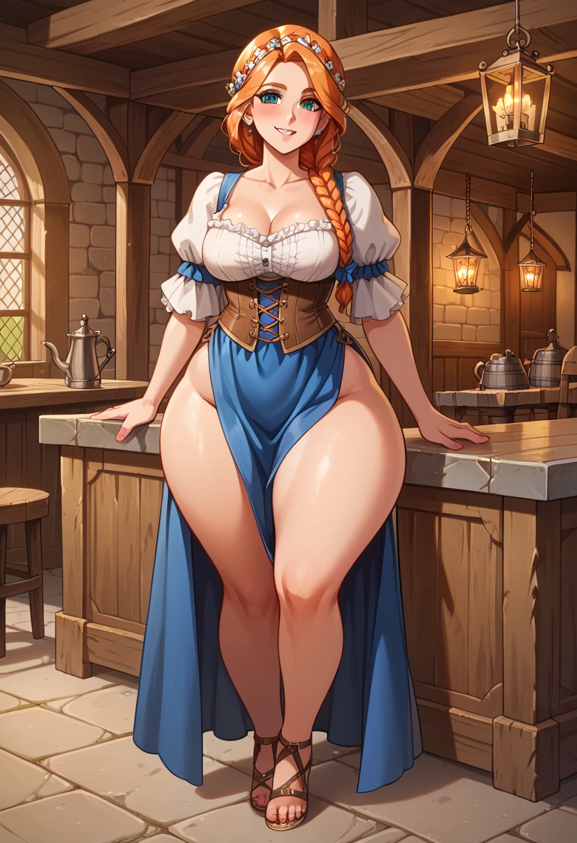 1 linda medieval barmaid, milf, medieval barmaid sexy,  wearing characteristic medieval clothing, Medieval Aesthetics, expressão Sensual, longos cabelos loiros, braided hair, Sensualidade, expressão Sensual, detailed, ((masterpiece)), super detail, Highres masterpiece , ((( best quality ))), hyperrealism, standing, ( full body), A medieval tavern,  looking at the observer , ( thick thighs : 1.5) ( WIDE HIPS: 1.5)  big ass,  huge, wet breasts,  breasts larger than the trunk , extremely well endowed, giant fake tits , (( seen from the front)) ((Front view)), hyperrealism, Sensual, Inside the Tavern