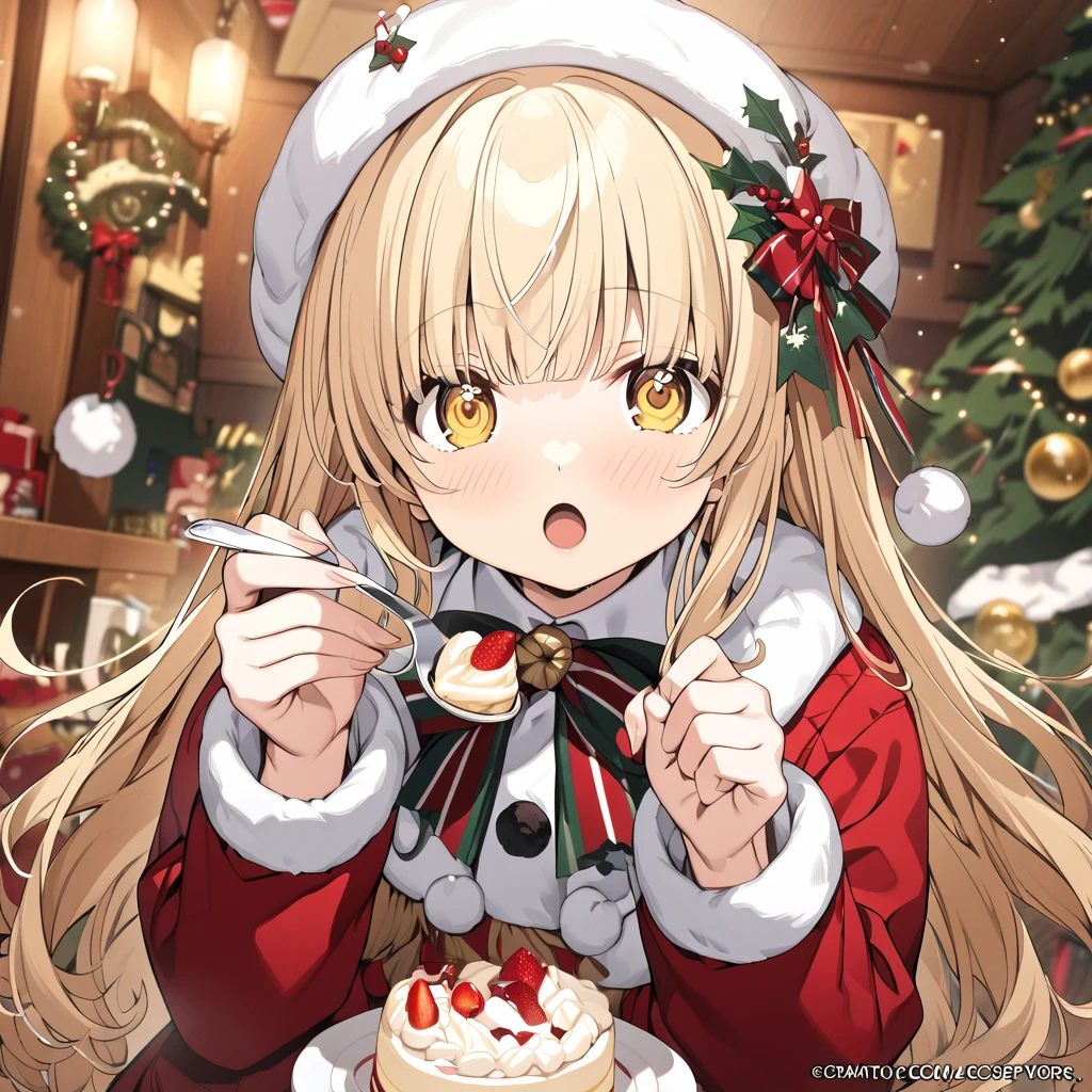 masterpiece, Official Art ,8k, masterpiece, top quality, very detailed, shiina mahiru ,yellow eyes, blonde hair,long hair,Christmas, medium breast,feeding, food, open mouth, incoming food, looking at viewer, holding fork, cake