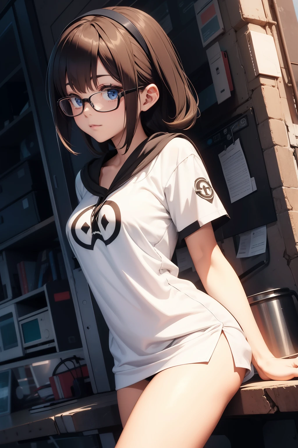 black_hair, single_braid, glasses, freckles, lace choker, jacket, femboy, off-shoulder shirt, hands in pockets, shy, nervous, technology, crossdressing, school uniform, skirt, blazer, flat_chest, computers, glowing computer monitors, dark room, (best quality, 8k, masterpiece:1.2, ultra-detailed, nsfw, realistic, photorealistic)
