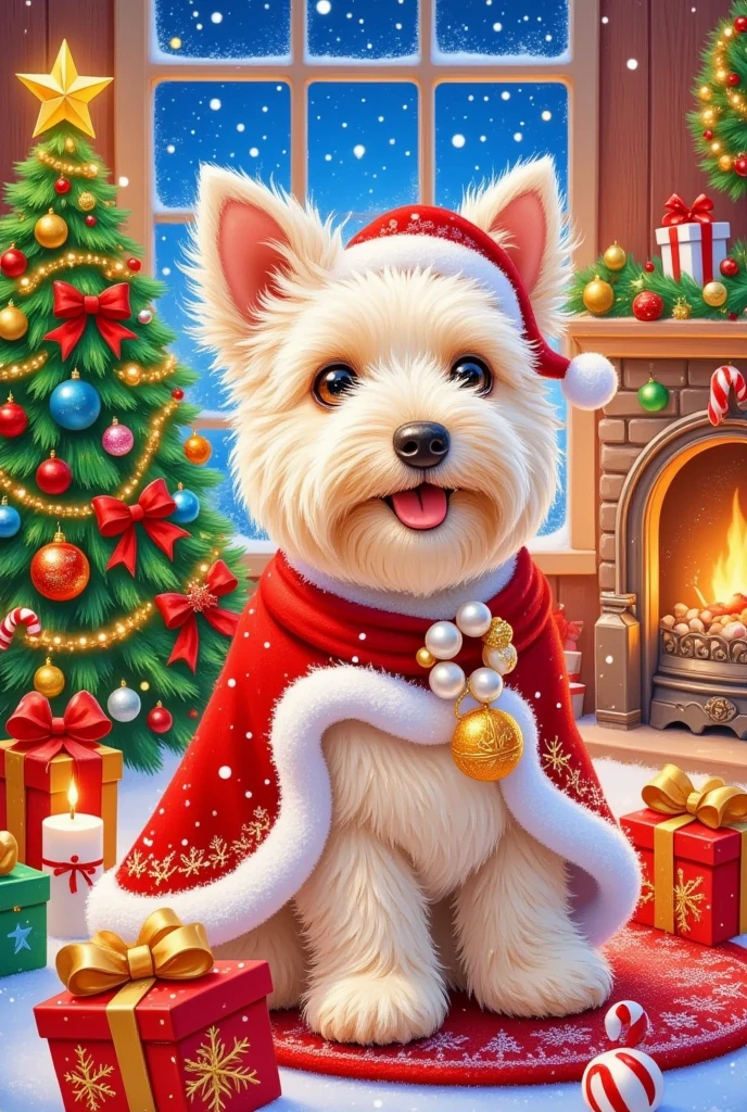 Create a half-body portrait of a West Highland Terrier in royal, Victorian, and Lolita style for Christmas. The dog should wear lace, pearls, and ribbons, sitting next to a small Christmas gift. The background should be a cozy sitting room with a lit fireplace, gently falling snow visible through a window. The focus should be on the dog’s charming expression and intricate attire.
Create a realistic oil painting of a half-body portrait of a French Bulldog in royal, Victorian, and Lolita style for Christmas. The dog should be adorned with lace, pearls, and ribbons, with a small Christmas gift beside it. The background should depict a vintage dining room, decorated with garlands, candles, and a Christmas tree, with soft snow falling outside.