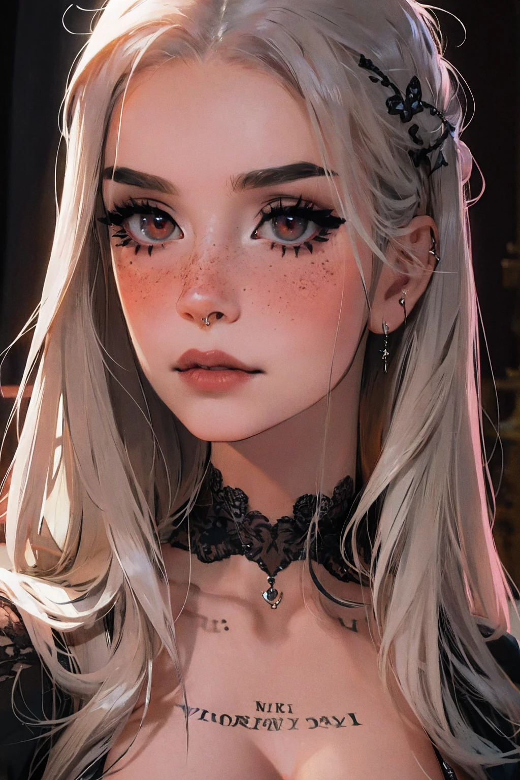 (masterpiece, award winning, realistic), 24 year old girl, influencer, model, beautiful, mascara, nose blush, freckles,  black lace, piercings, tattoos, slender, slim, vampire hunter, gothic vibes