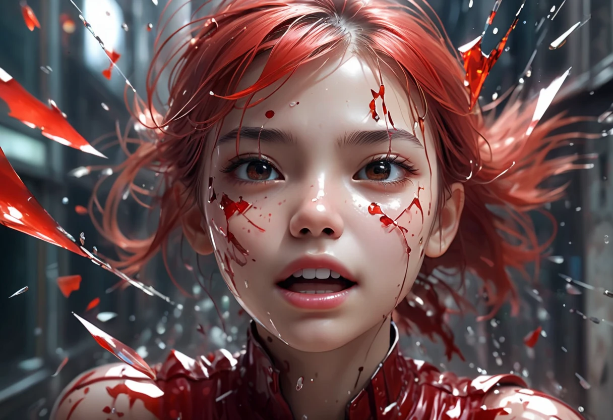 （best quality，Ultra-fine，Fidelity：1.37），beautiful girl，（intense gaze），（smile），Red viscous liquid oozes from scratches on face，close up。Bullets flew through the air，broke the glass。Instant capture，penetrating glass shards，Detailed bullet trajectories，slam，Shards of glass were scattered all over the place，There are debris in the air，slow motion freeze，high speed capture，dynamic chaos，Precise timing，flying debris，suspended in the air，dance clip，stained glass shards，refracted light，moving rapidly，translucent fragments，windows in fragments，