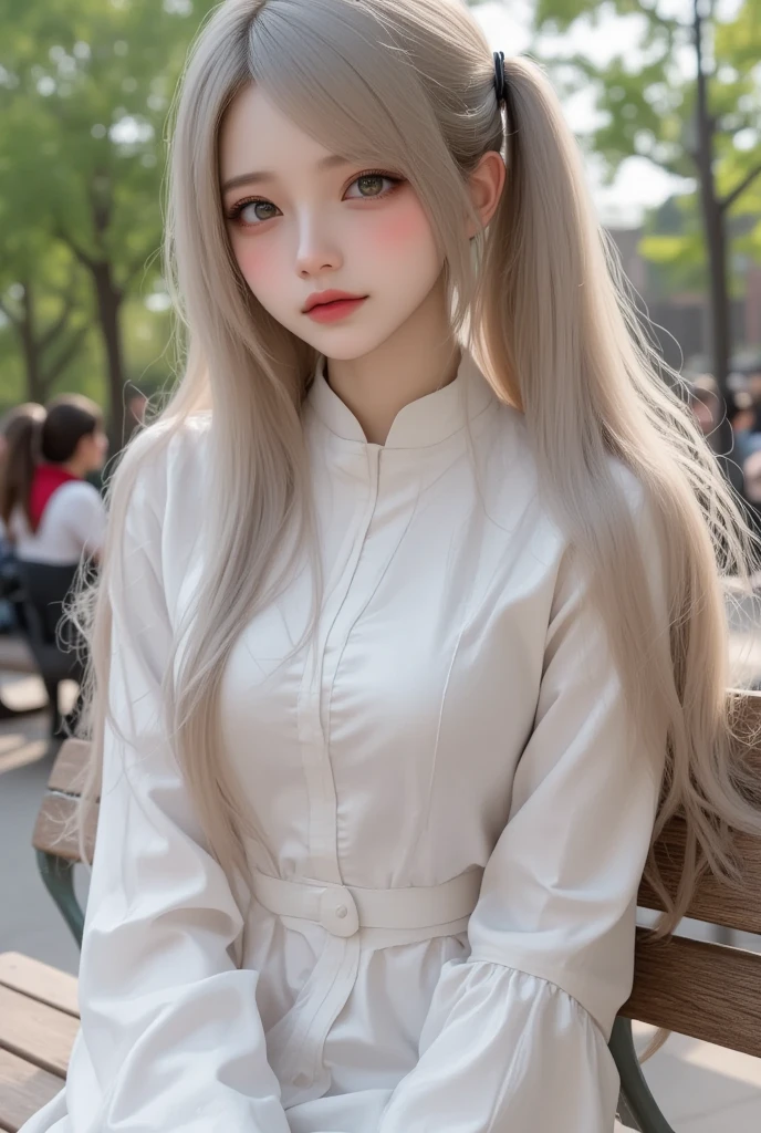 1 teenager,  white Taoist clothing with gray ,  REALISTIC IMAGE ,  full body,  sitting on a bench in a square , She appeared as a 15-year-old ,  green eyes and silver hair ,  looking innocent and shy with a flushed cheek,  big breasts 
