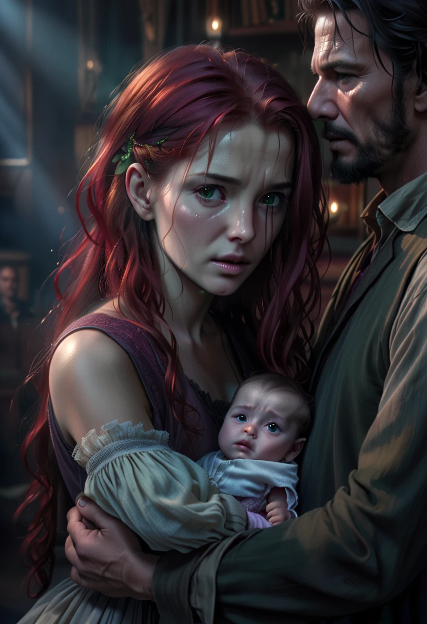 A beautiful young woman with long red hair holding , green eyes a small baby in her arms, the 's father is a stern-looking man with a hooked nose, ethereal lighting, detailed realistic portrait, cinematic composition, dramatic chiaroscuro lighting, deep emotional expression, cinematic quality, 4k, masterpiece, highly detailed, photorealistic