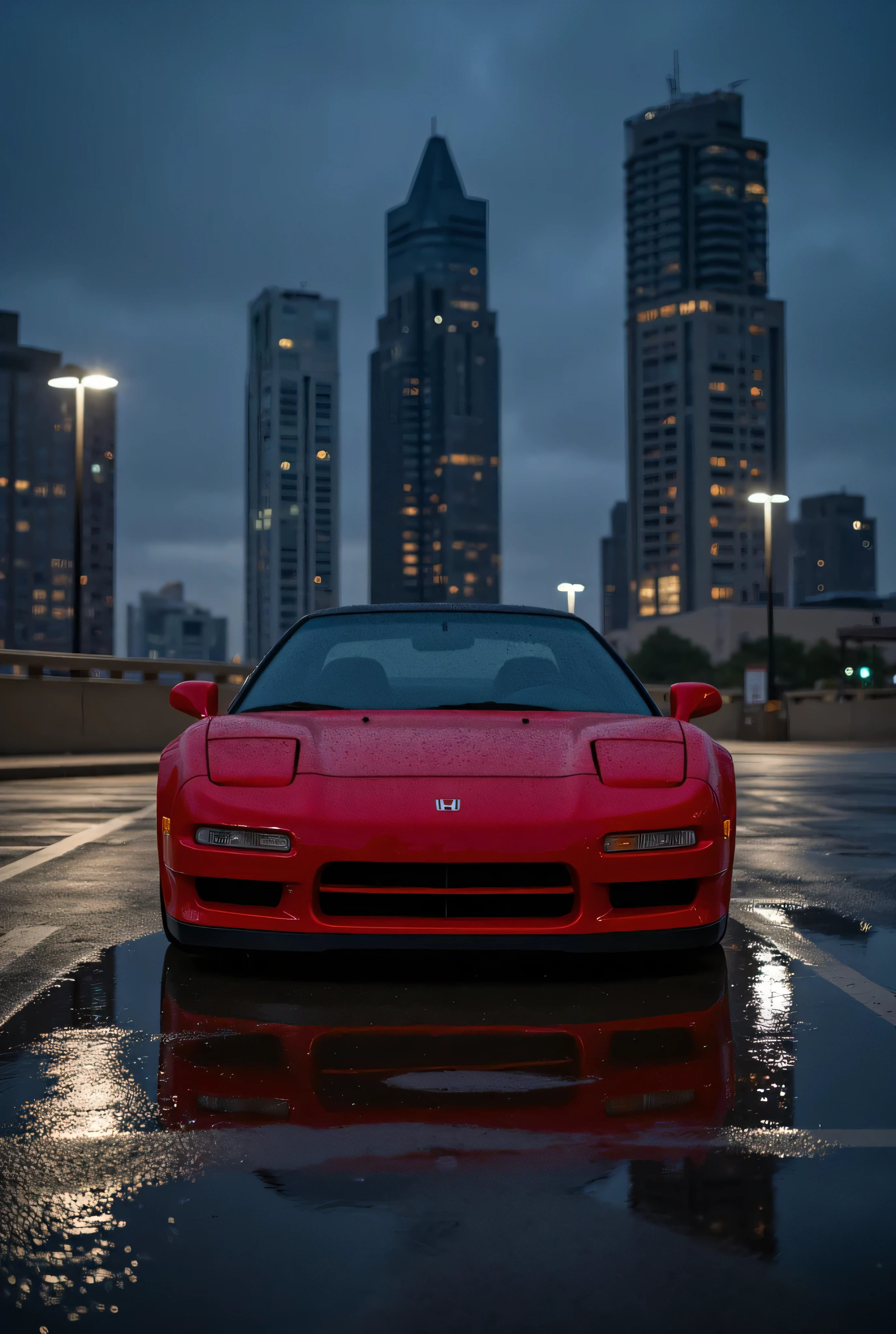 red 1992 Honda NSX NA1 with white Volk Rays TE37 wheels. in a parking lot, skyscrapers in the background, after rain, night. 