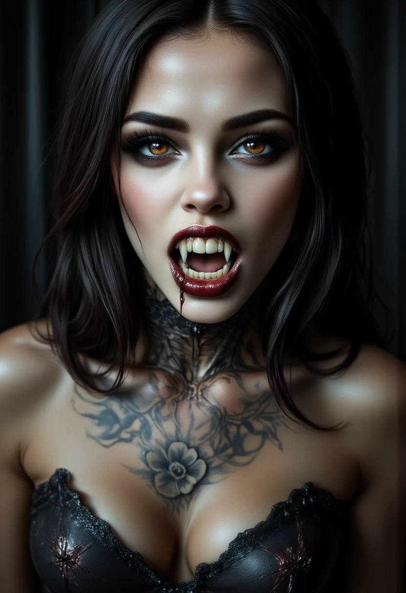 a woman with tattoos and a full body covered in lace, from her lips gently sprout her canines, gothic art, fantasy art, inspired by Luis Royo, gothic maiden, beautiful scary female vampire, fully tattooed body, beautiful witch spooky female, 8 k highly detailed