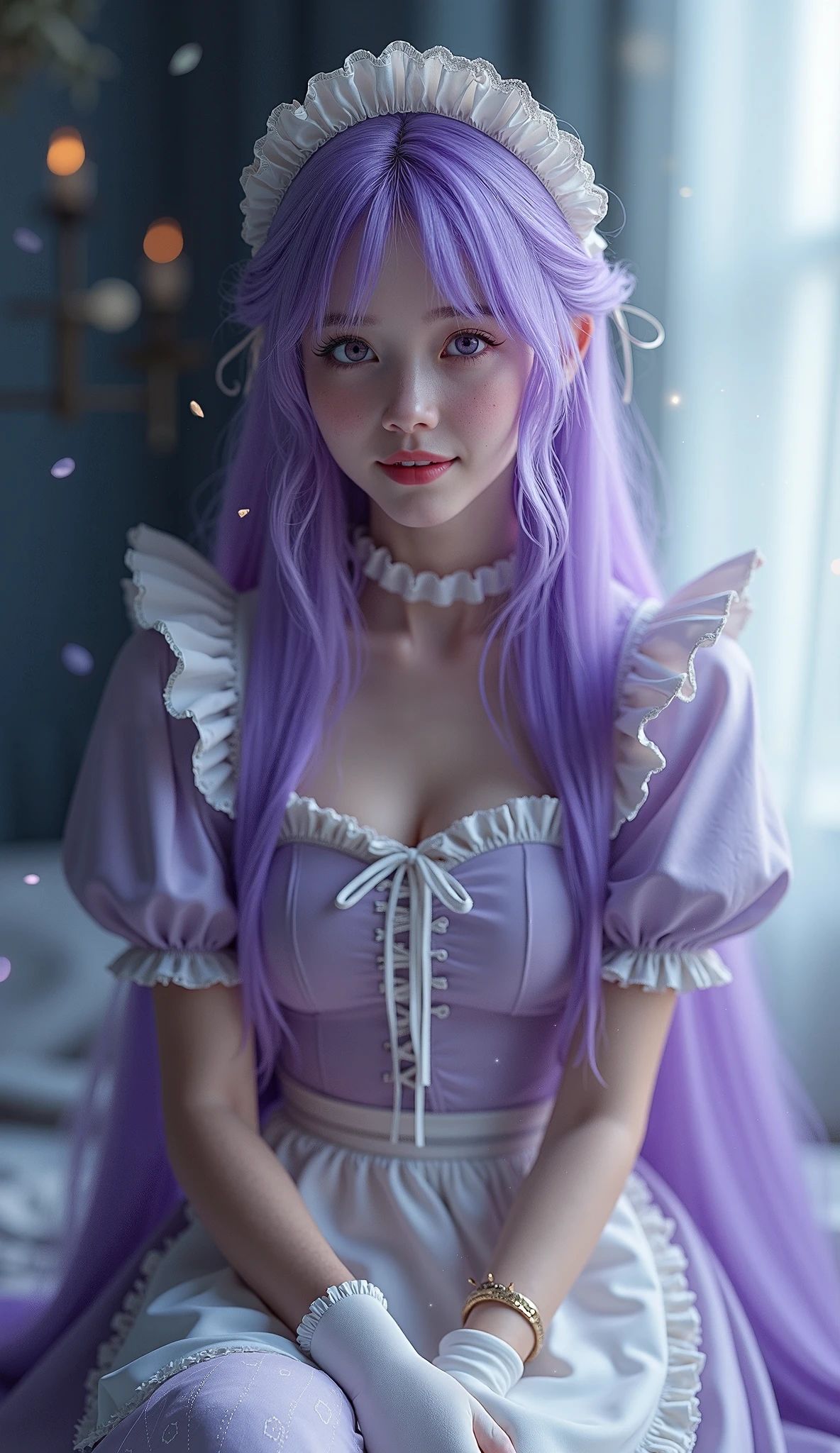 (nsfw), sexy stylish Swedish model, only 1 female, ((doll-like appearance)), long purple stylish hair, ((shiny Victorian-Style boots)), (big smile), ultra detailed eyes, vivid eye makeup, lipgloss, long lashes, defined eyebrows, (small naked breasts), ((sexy Paradise Kiss cosplay)), (naked aroused open pussy), bell-shaped skirt, petticoats, high neckline, puffed sleeves, ((ultra detailed lace)), ((ultra detailed embroidery)), intricate details, Paradise Kiss accessoires and matching headpiece, choker, ((large sparkling Paradise Kiss jewelry)), cinematic light, detailed large park background with trees