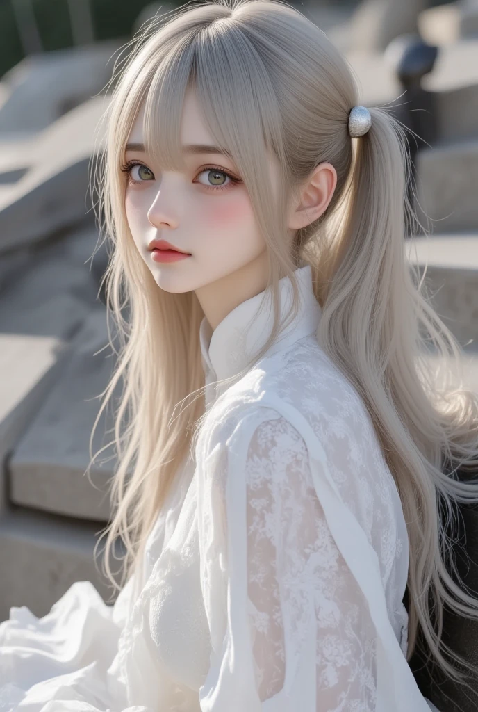 1 teenager,  white Taoist clothing with gray ,  REALISTIC IMAGE ,  full body,  sitting on a bench in a square , She appeared as a 15-year-old ,  green eyes and silver hair ,  looking innocent and shy with a flushed cheek,  big breasts 
