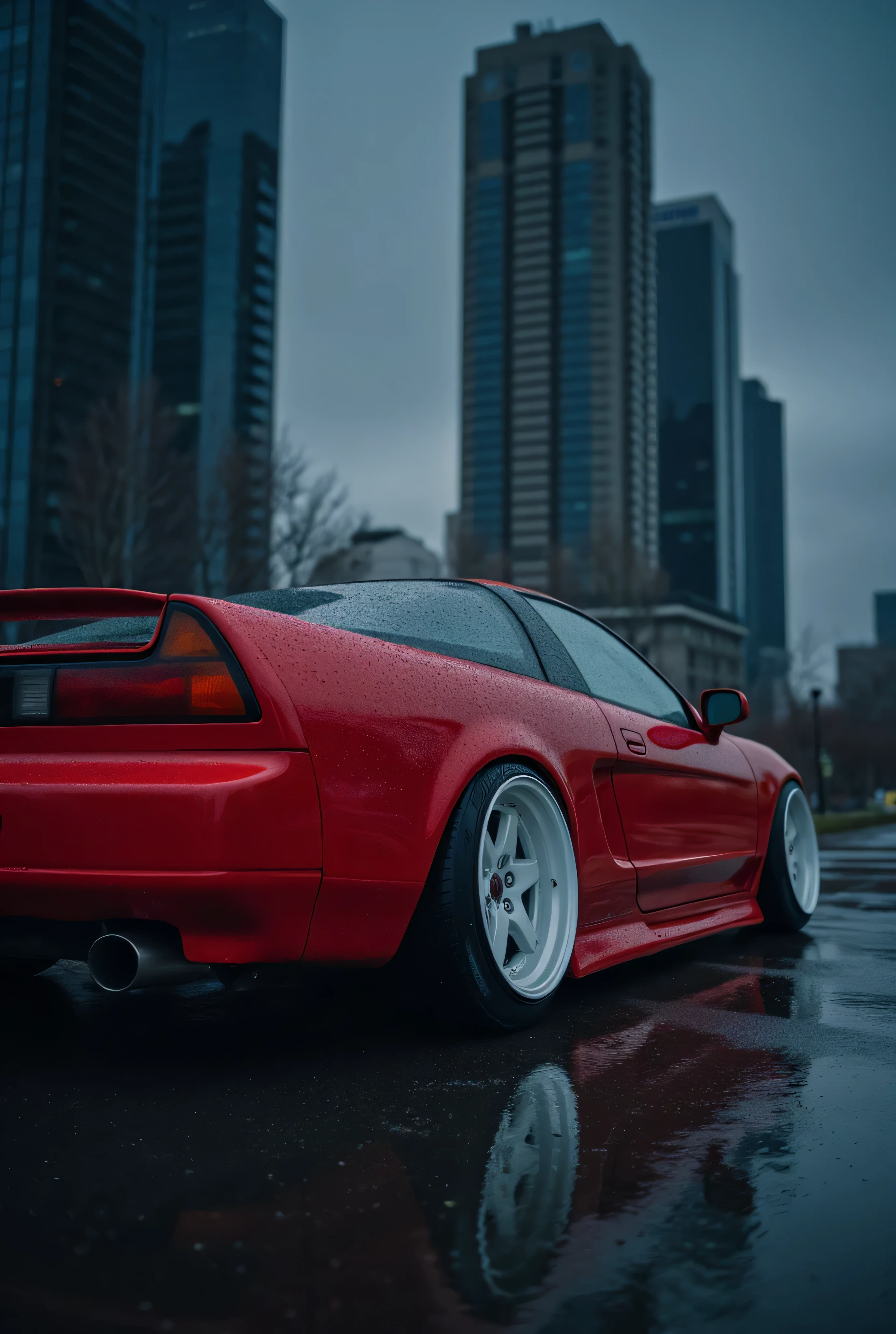 red 1992 Honda NSX NA1 with white Volk Rays TE37 wheels. in a parking lot, skyscrapers in the background, after rain, night. 