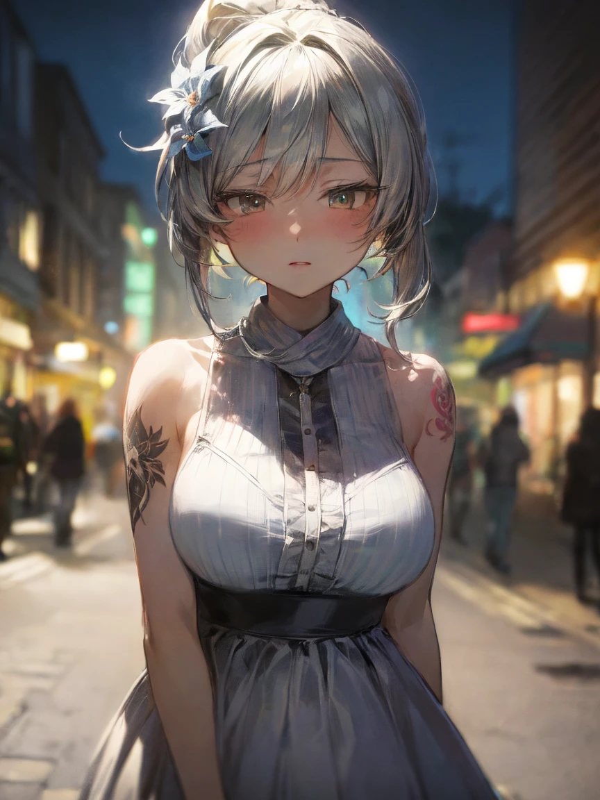 (masterpiece, highest quality:1.2)、(1 girl)、(Tank dress) , (Downtown at night) ,(eyes half closed)、(lots of drool:1.3)、The body shakes violently、[:(detailed face:1.2):0.2], ,  Silver ponytail hairstyle ,  (Cute tattoo),  Big breasts , 