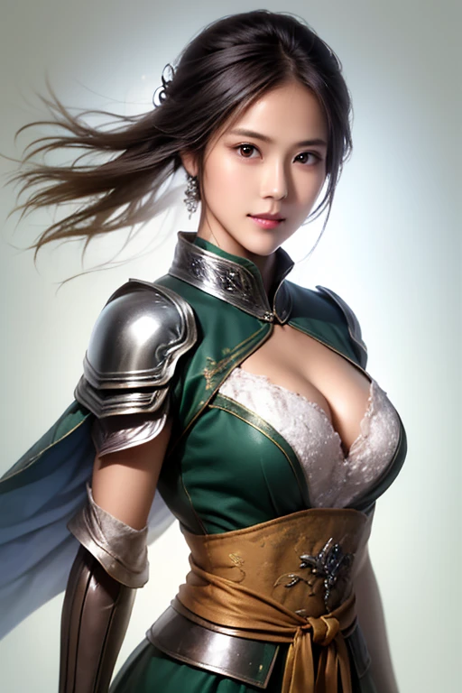 ((The upper body of a female warrior wearing silver and white armor and a cloak:1.3)),1 person,  black hair,  belly shortcut   ,Big breasts and cleavage,  high-definition face and skin texture  ,  staring at the camera,   Chinese Warrior  ,  perfect beauty: 1.4, fine grain,  double eyelids in a judo suit ,  whitening for women with bristles, top quality ,  super high res ,  simple background，Symmetrical Normal Eyes   , hair accessories, Slim Waist ,