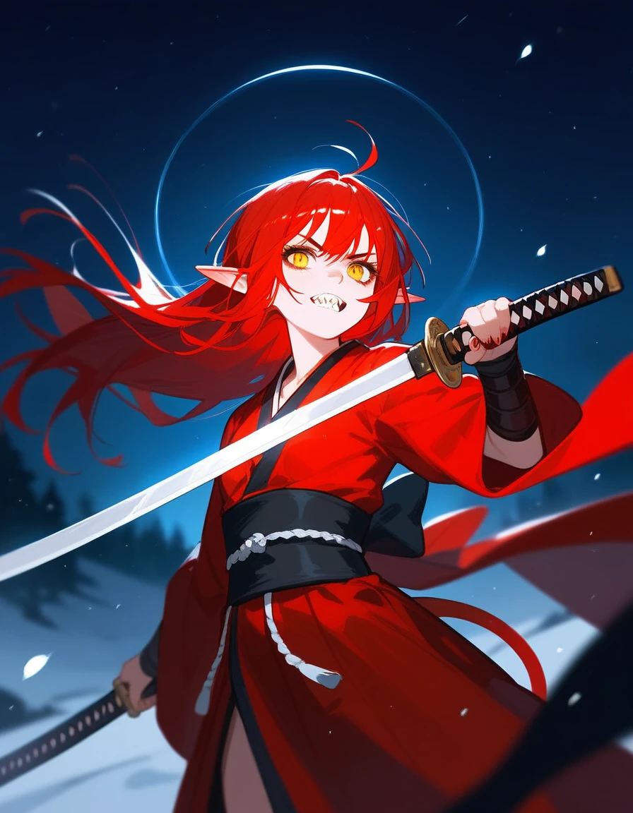 girl,Elf, dark red hair, in a yellow eye ,Sharp teeth,Frowning,dismal, dark edges, small breasts,Long hair,cool,thin,RED KIMONO,With a devil's tail ,Fierce face, in the snow field at night,small, Samurai holding katana sword ,Bangs